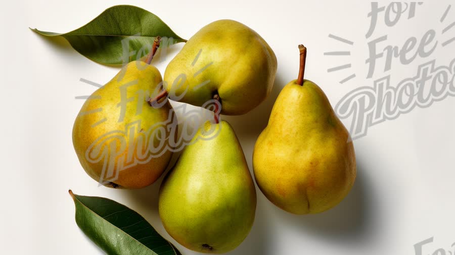 Fresh Pears with Green Leaves on White Background - Healthy Eating and Organic Produce Concept