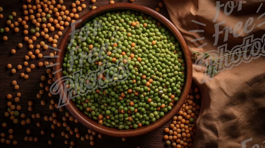 Colorful Assortment of Green and Yellow Peas in Rustic Bowl on Wooden Table