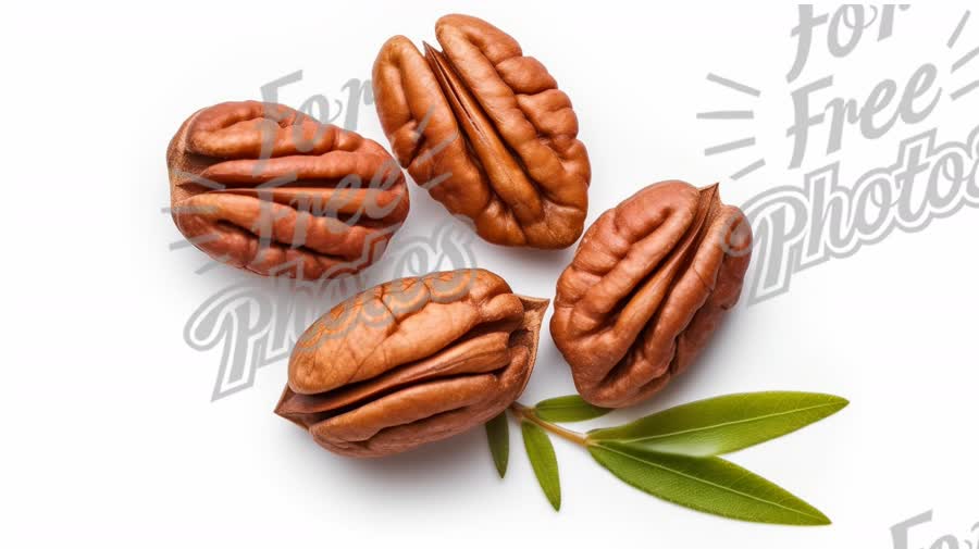 Fresh Pecans with Green Leaves on White Background