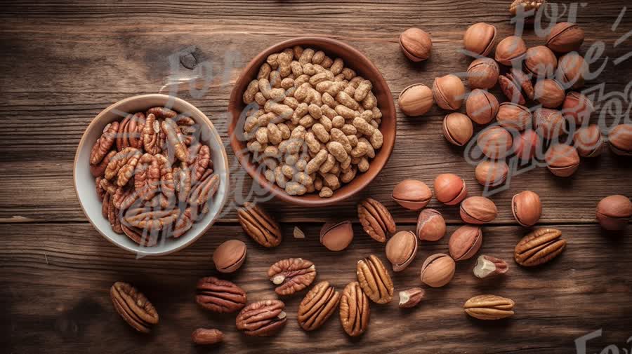 Assorted Nuts and Seeds on Rustic Wooden Table - Healthy Snack Concept