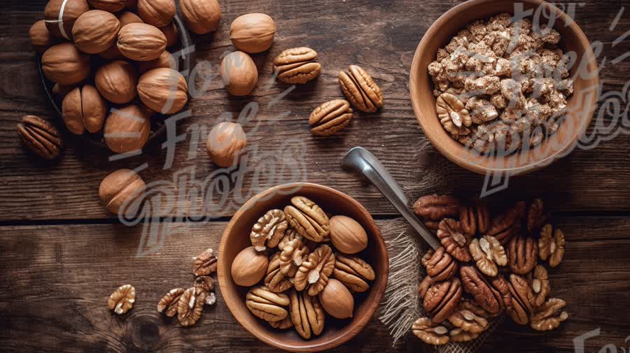 Assorted Nuts and Granola in Rustic Bowls on Wooden Table - Healthy Snack Concept