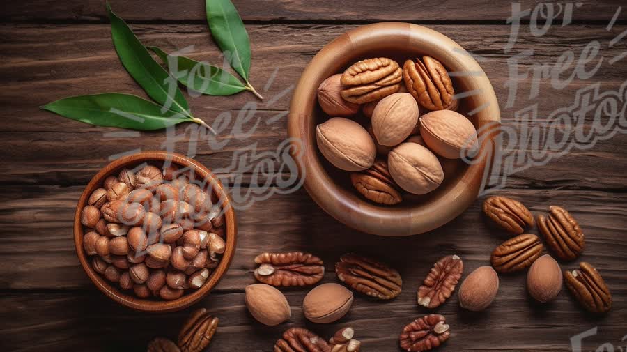 Assorted Nuts in Wooden Bowls on Rustic Table with Green Leaves - Healthy Snack Concept