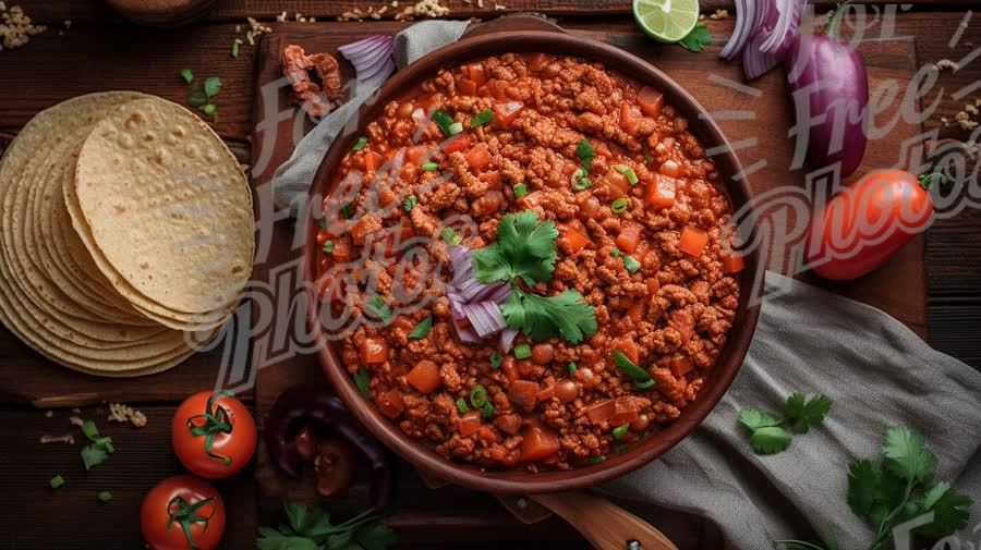 Delicious Homemade Chili with Fresh Ingredients and Tortillas