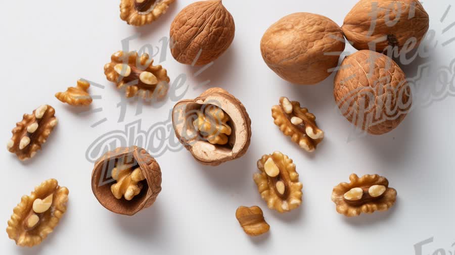 Fresh Walnuts and Shelled Nut Halves on White Background - Healthy Snack and Natural Food Concept