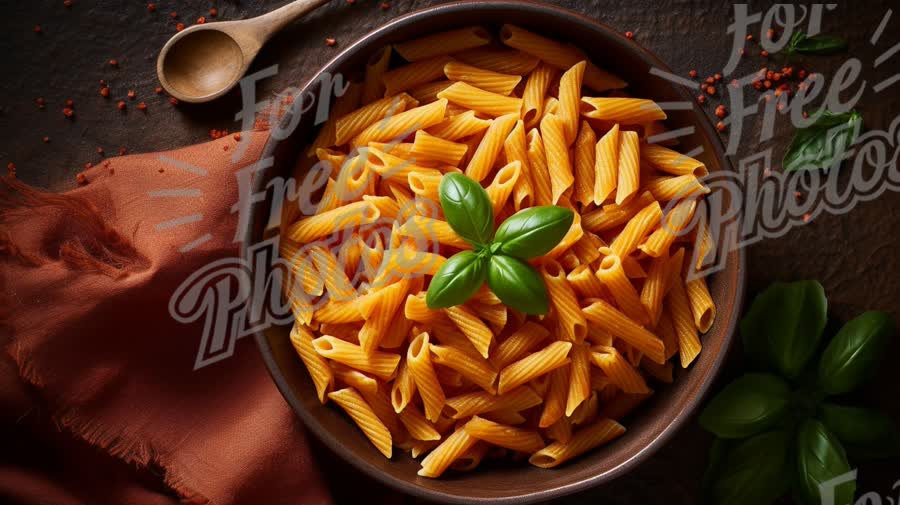 Delicious Penne Pasta with Fresh Basil on Rustic Table