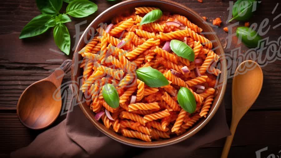 Delicious Italian Pasta Dish with Fresh Basil on Rustic Wooden Table