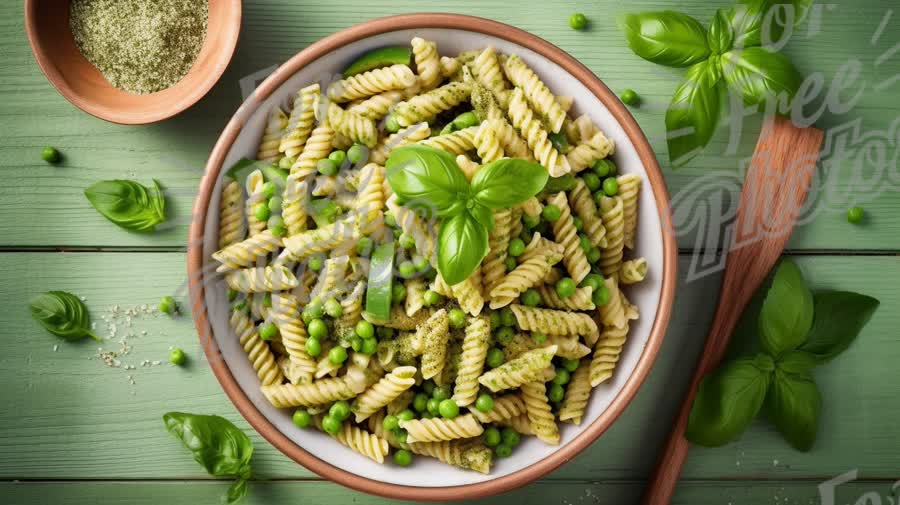 Delicious Pesto Pasta with Fresh Basil and Peas on Rustic Wooden Table