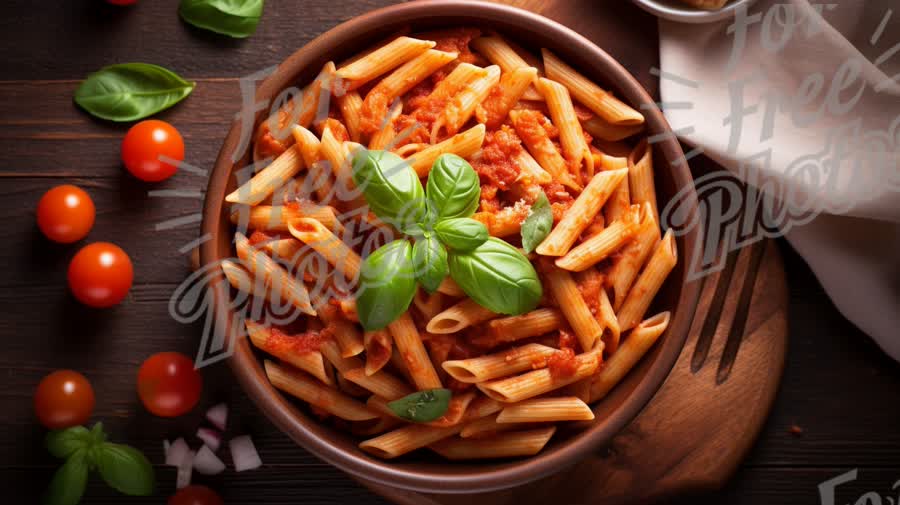 Delicious Penne Pasta with Fresh Basil and Cherry Tomatoes on Rustic Wooden Table