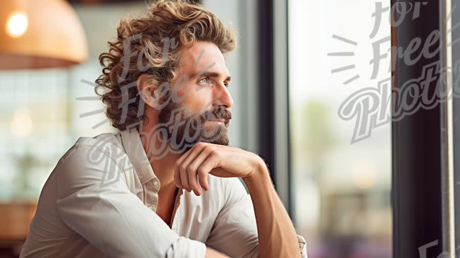 Contemplative Man in Modern Cafe Setting: Thoughtful Reflection and Lifestyle