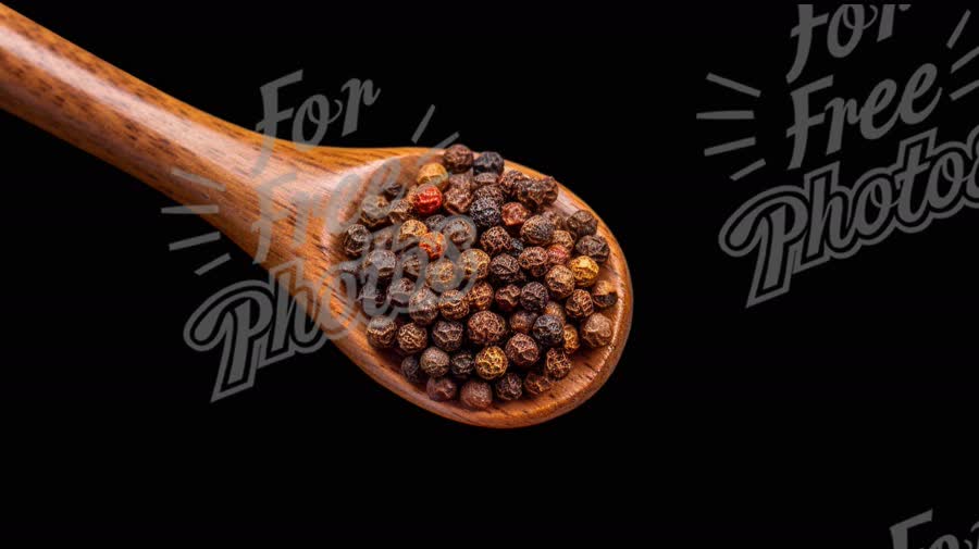 Close-Up of Mixed Peppercorns in Wooden Spoon on Black Background