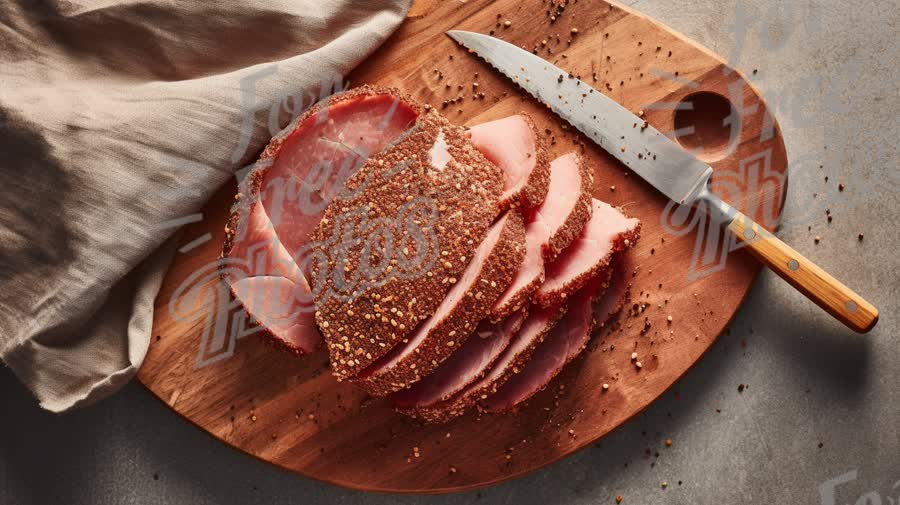 Artisan Sliced Ham on Wooden Cutting Board with Knife - Gourmet Food Presentation