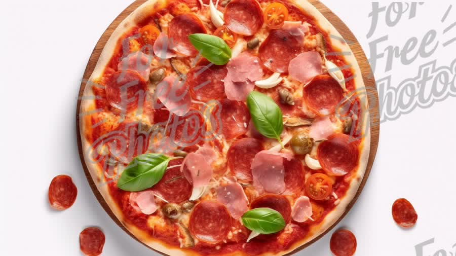 Delicious Gourmet Pepperoni Pizza with Fresh Basil and Toppings