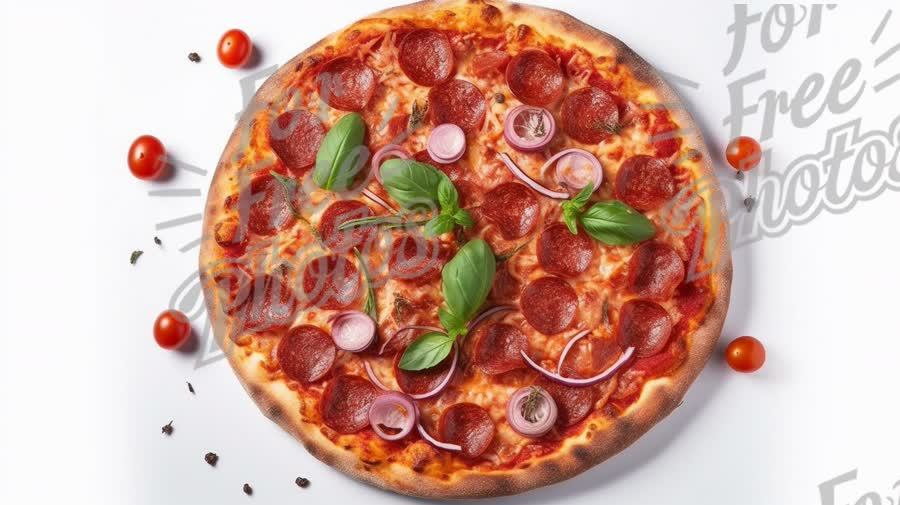 Delicious Pepperoni Pizza with Fresh Basil and Cherry Tomatoes on White Background