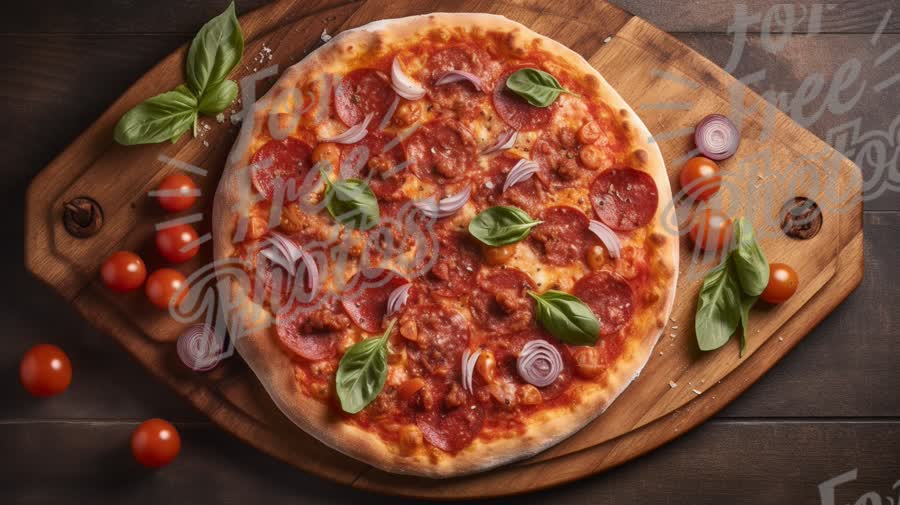 Delicious Pepperoni Pizza with Fresh Basil and Cherry Tomatoes on Rustic Wooden Board