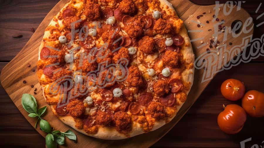 Delicious Gourmet Pizza with Pepperoni and Meatballs on Wooden Cutting Board