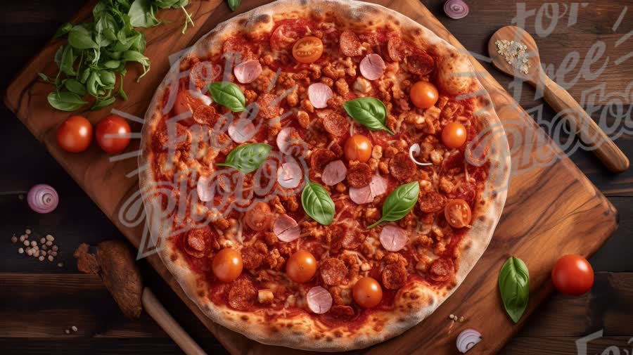 Delicious Gourmet Pizza with Fresh Ingredients on Rustic Wooden Board