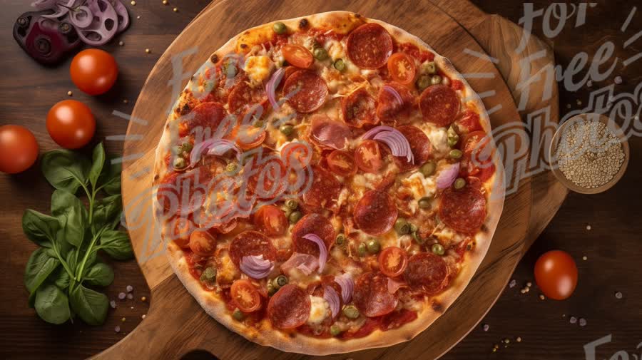 Delicious Pepperoni Pizza with Fresh Ingredients on Rustic Wooden Board