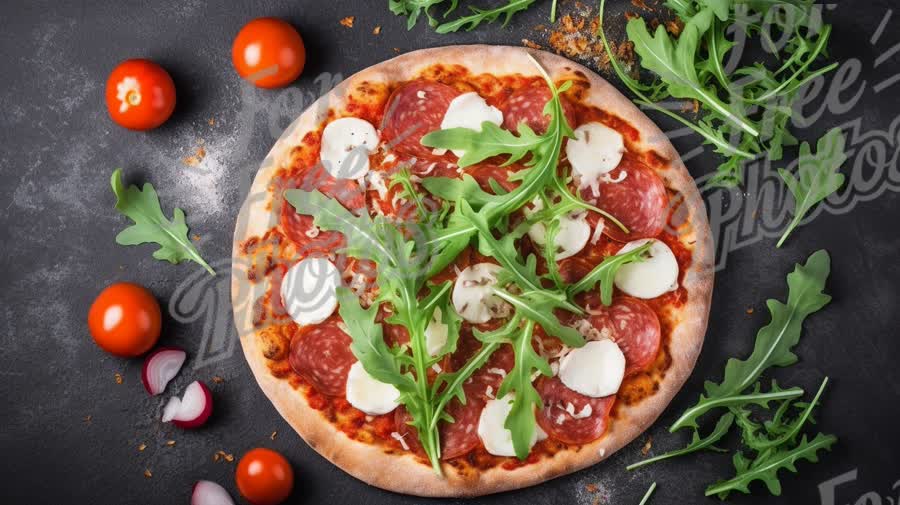 Delicious Pepperoni Pizza with Fresh Arugula and Cherry Tomatoes on Dark Background