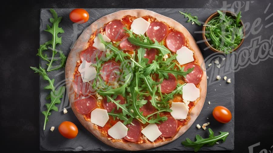 Delicious Gourmet Pizza with Salami, Arugula, and Fresh Ingredients on Slate Board