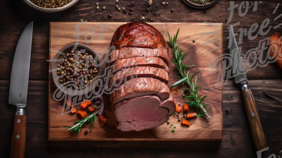 Deliciously Sliced Roast Meat on Rustic Wooden Board with Herbs and Spices