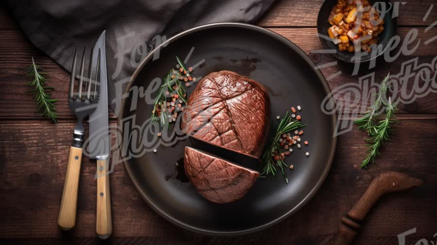 Succulent Roast Beef with Fresh Herbs and Gourmet Garnish on Rustic Wooden Table