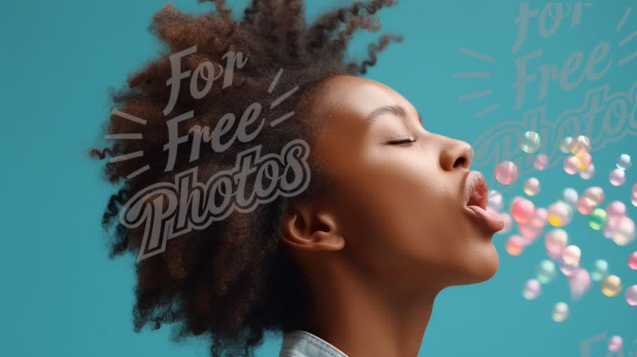 Joyful Expression: Woman Blowing Colorful Bubbles Against a Vibrant Background