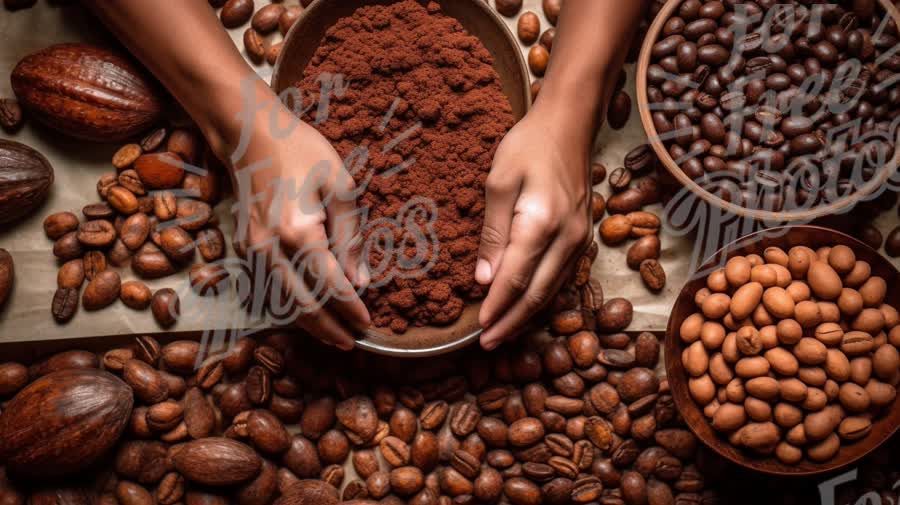 Artisan Coffee and Cocoa: Hands Holding Rich Cocoa Powder Surrounded by Coffee Beans and Nuts