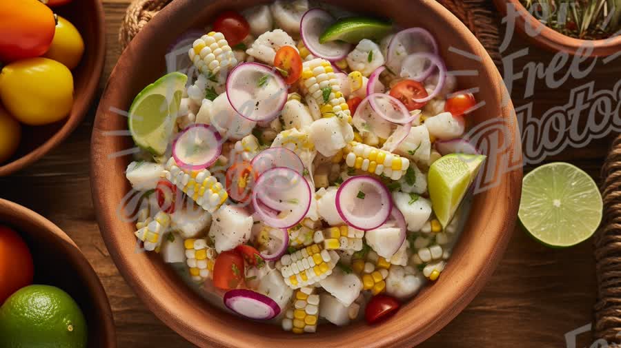 Fresh Summer Ceviche with Corn, Tomatoes, and Lime in Rustic Bowl