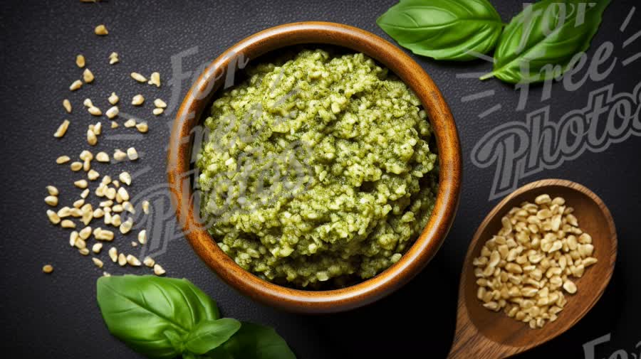 Fresh Basil Pesto in Wooden Bowl with Ingredients: Healthy Cooking, Italian Cuisine, and Culinary He