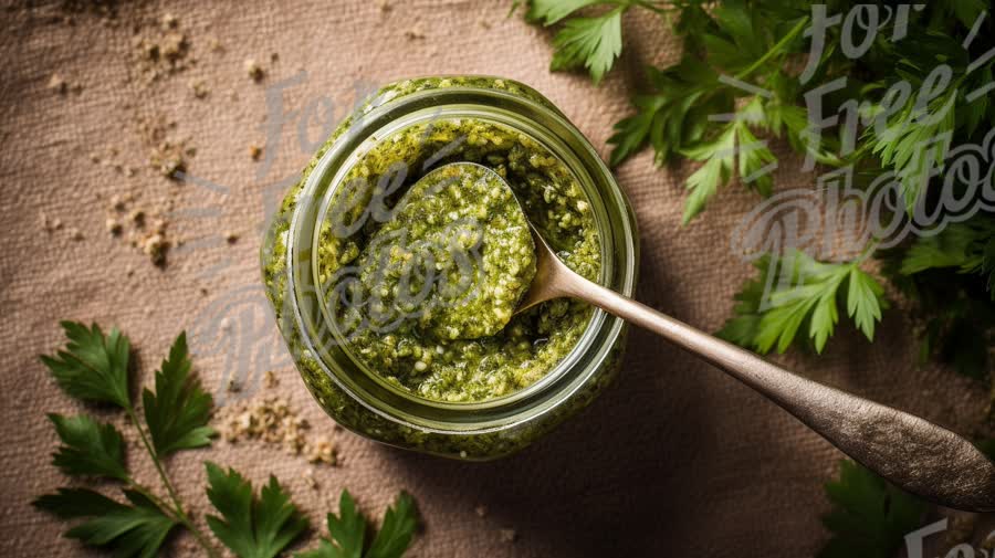 Fresh Homemade Pesto Sauce in Glass Jar with Herbs and Spoon