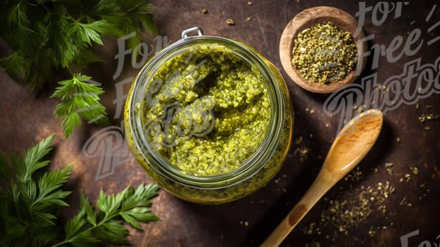 Fresh Homemade Pesto Sauce in Glass Jar with Herbs and Wooden Spoon