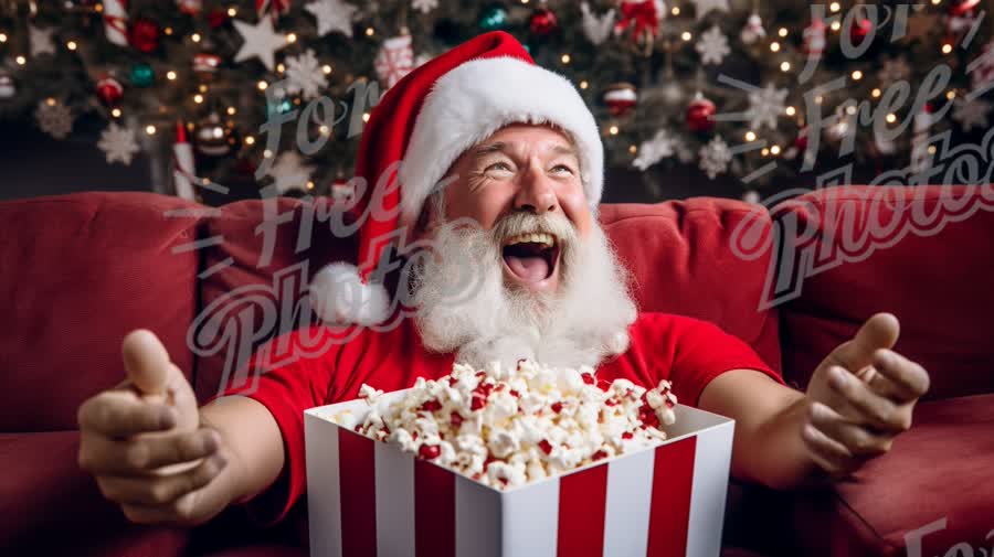 Joyful Santa Enjoying Popcorn in Festive Holiday Setting