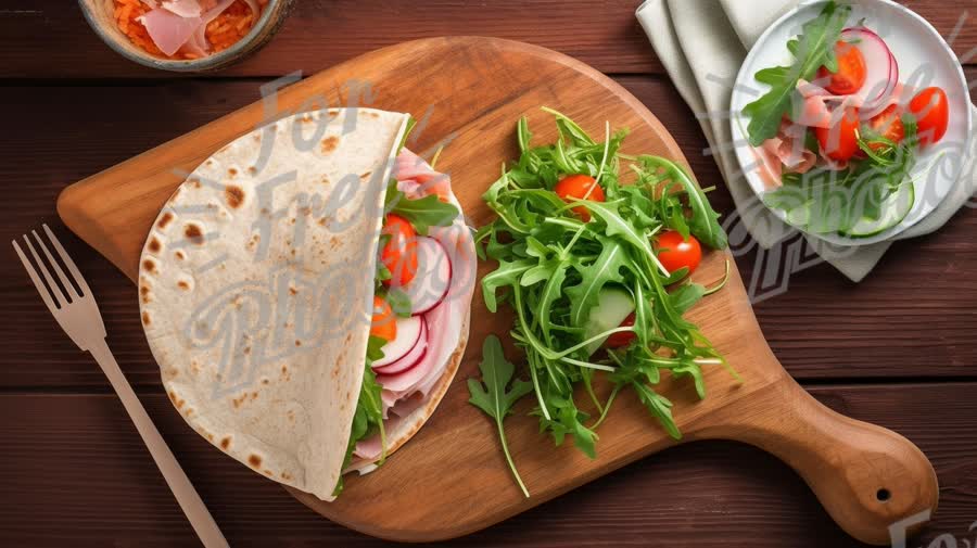 Fresh Healthy Wrap with Vegetables and Greens on Wooden Cutting Board