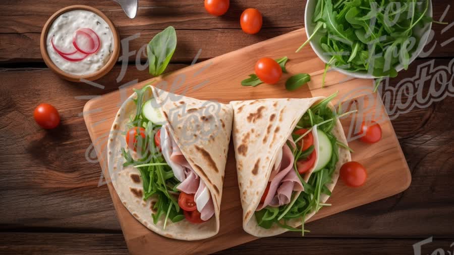 Fresh and Healthy Wraps with Vegetables and Deli Meats on Wooden Board