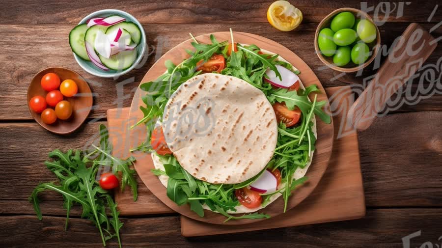 Fresh Salad with Tortilla Wraps on Rustic Wooden Table - Healthy Eating Concept