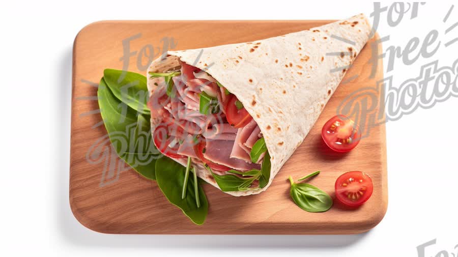 Fresh Ham and Vegetable Wrap on Wooden Cutting Board