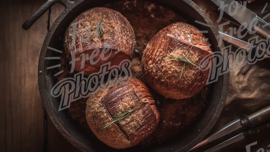 Rustic Gourmet Cooking: Savory Herb-Crusted Meat in Cast Iron Pot