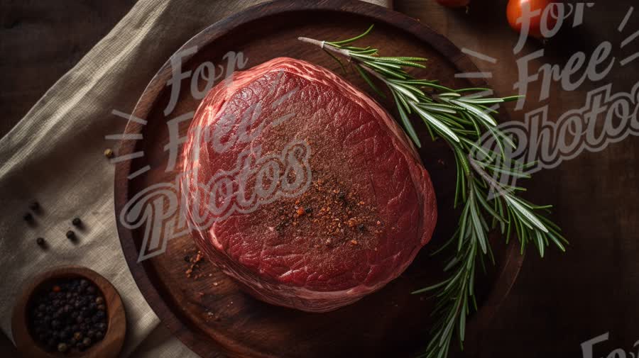 Fresh Raw Beef Steak with Herbs and Spices on Rustic Wooden Board