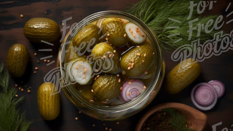 Homemade Pickles in Jar with Fresh Dill and Onions - Rustic Food Photography