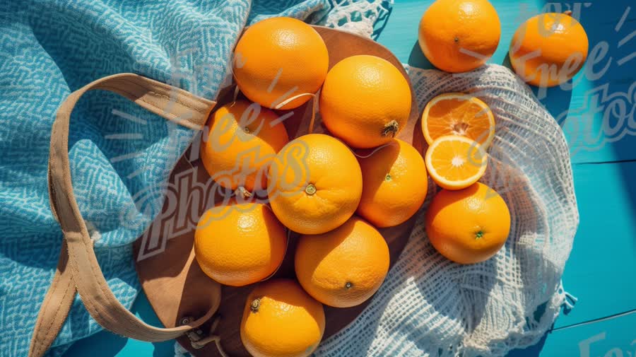 Fresh Oranges in a Rustic Basket on Vibrant Blue Background