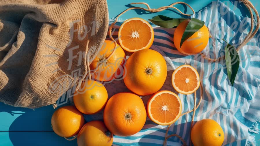 Fresh Oranges and Citrus Fruits on Blue Wooden Table with Textiles