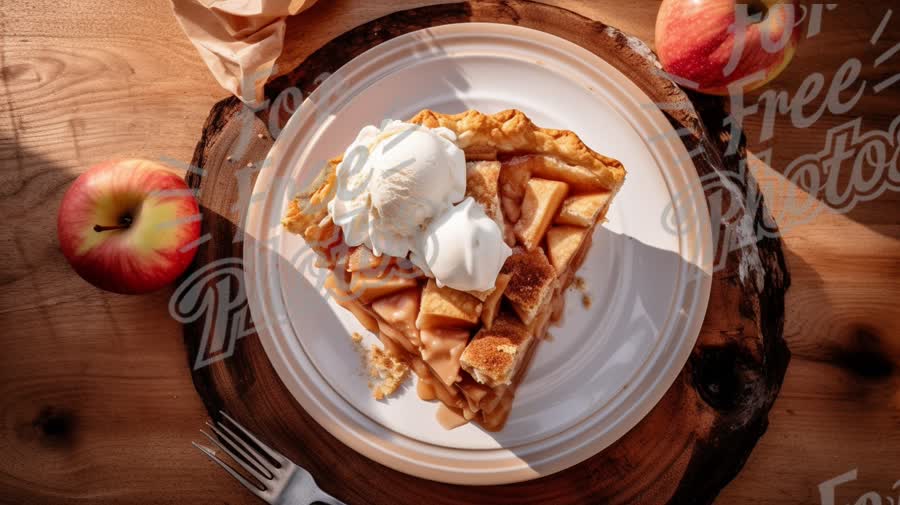 Delicious Homemade Apple Pie with Ice Cream and Fresh Apples on Rustic Wooden Table