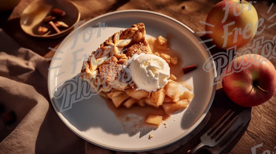 Delicious Homemade Apple Pie with Ice Cream and Fresh Apples on Rustic Table