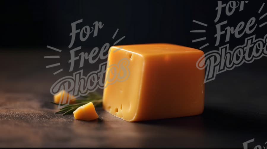 Delicious Aged Cheddar Cheese Block with Fresh Herbs on Dark Background