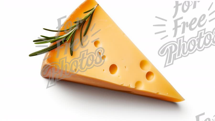 Delicious Cheese Slice with Fresh Rosemary Herb on White Background