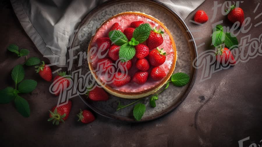 Delicious Strawberry Cheesecake with Fresh Mint Garnish on Rustic Plate