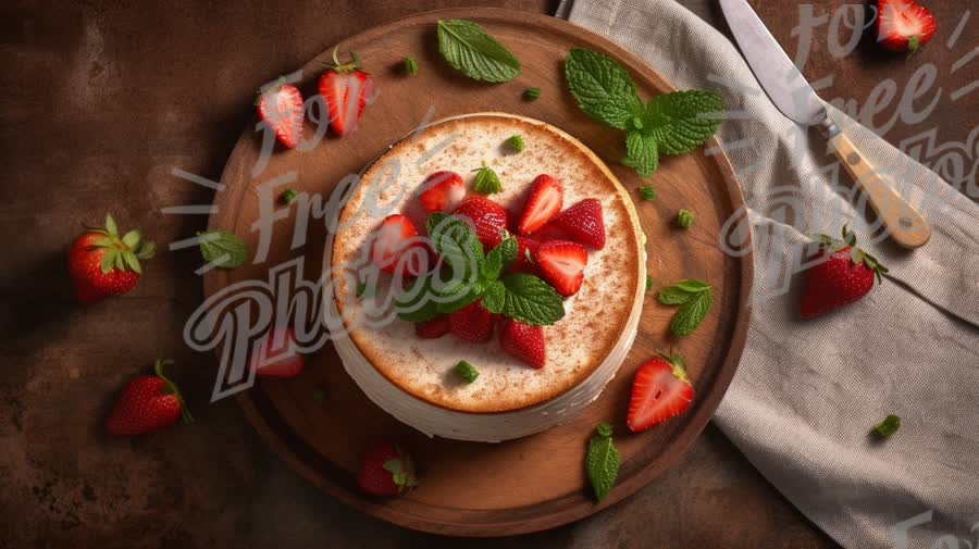 Delicious Strawberry Cheesecake with Fresh Mint Garnish on Rustic Wooden Board