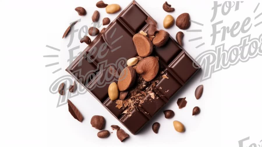 Decadent Dark Chocolate Bar with Nuts and Cocoa Beans on White Background