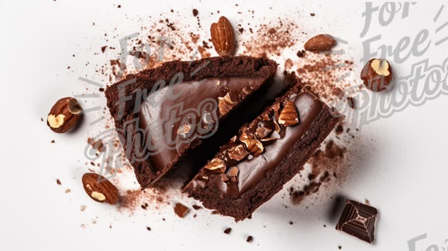 Decadent Chocolate Tart with Nuts and Cocoa Dust on White Background