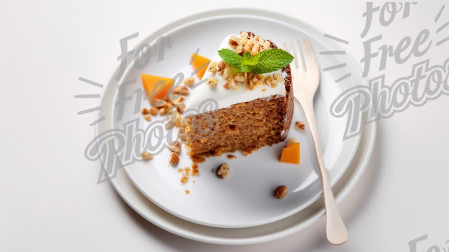 Delicious Slice of Moist Cake with Cream Topping and Nuts on Elegant Plate